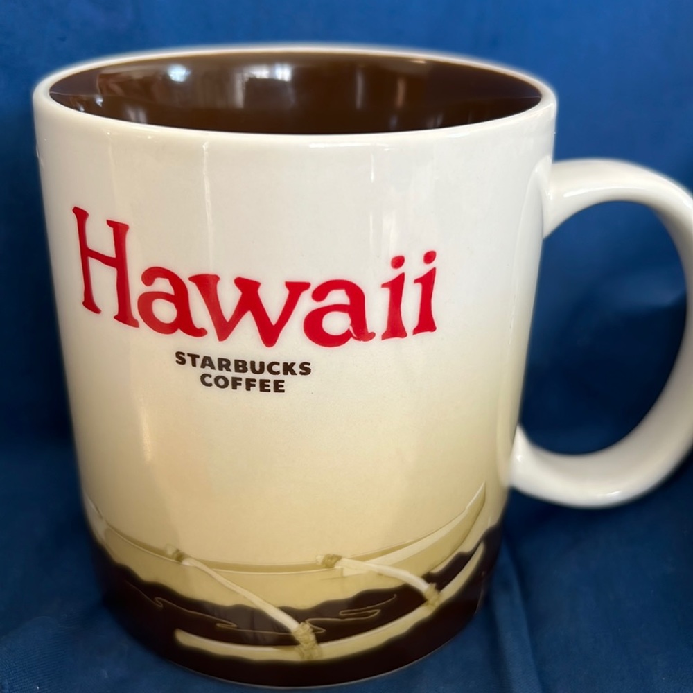 Starbucks 16oz coffee cup from Hawaii. 2012. Outrigger, surfer, palm trees.